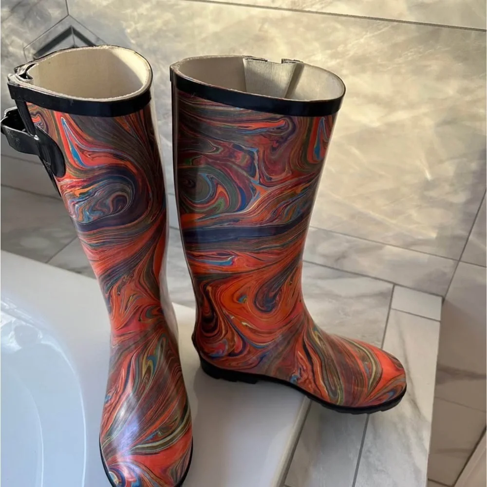 Corkys Women’s Rain Boots – Colorful Swirl Design Size 7